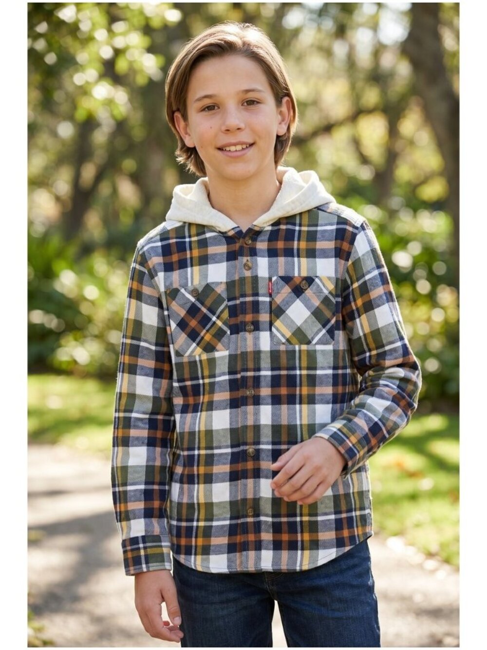 LEVI'S BOYS PLAID FLANNEL HOODIE BUTTON DOWN SHIRT